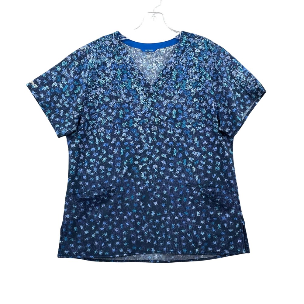 Carhartt Scrub Top Women Large Blue Floral V-Neck Workwear Medical Uniform Nurse